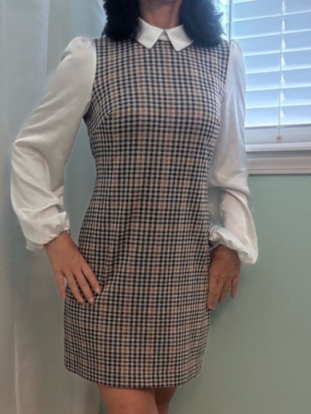 Tommy Hilfiger Multicolor Plaid Shift Dress White Blouson Satin Sleeves Size 10